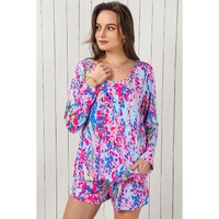 Purple Floral Long Sleeve Top and Drawstring Shorts Set - L thumbnail