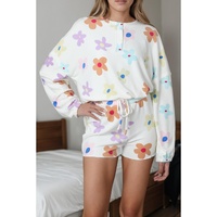 White Floral Long Sleeve Henley Top and Drawstring Shorts Set - L thumbnail