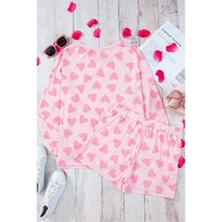 Pink Valentine Heart Shape Print Long Sleeve Top Shorts Lounge Set - L thumbnail