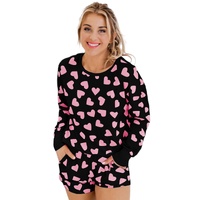 Black Valentine Heart Shape Print Long Sleeve Top Shorts Lounge Set - M thumbnail
