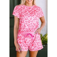 Pink Leopard Print Tee and Satin Tie Shorts Lounge Set - M thumbnail