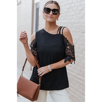 Azura Exchange Lace Splicing Strappy Cold Shoulder Top - S thumbnail