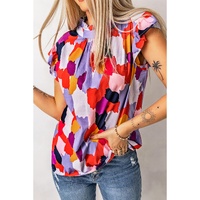 Azura Exchange Ruffle Cap Sleeve Frill Mock Neck Printed Top - S thumbnail