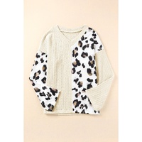 Beige Asymmetric Leopard Patchwork Wide Sleeve V Neck Sweater - M thumbnail