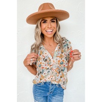 Azura Exchange Multicolor Split V Neck Flower Print Blouse - S thumbnail