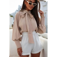 Azura Exchange Khaki Frilled Knotted Blouse with Bishop Sleeves - S thumbnail