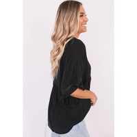 Azura Exchange Black Ruffled Lace Detail Loose V Neck Top - M thumbnail