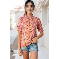 Azura Exchange Floral Ruffle Mock Neck Blouse - M thumbnail