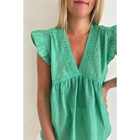 Azura Exchange Eyelet V Neckline Ruffle Swiss Dot Top - L thumbnail