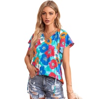 Azura Exchange Floral Print Drawstring V Neck Short Sleeve Blouse - M thumbnail