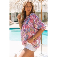 Azura Exchange Floral Print Shirred Sleeve Tunic Blouse - L thumbnail