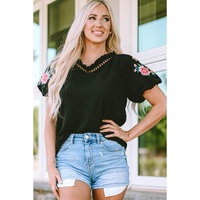 Azura Exchange Embroidered Bubble Sleeve Frill V Neck Top - S thumbnail