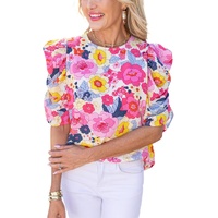 Azura Exchange Floral Ruched Puff Sleeve Blouse - S thumbnail