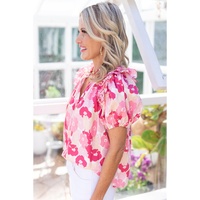Azura Exchange Ruffled Floral Top with Split Neck and Puff Sleeves - L thumbnail