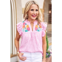 Azura Exchange Check Ruffle Sleeves Blouse with Floral Embroidery - L thumbnail