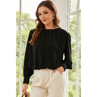 Black Padded Shoulder Buttoned Cuffs Pleated Loose Blouse - L thumbnail
