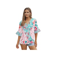 Azura Exchange Leopard Floral Mixed Print Ruffle Sleeve Blouse - L thumbnail