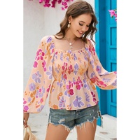 Azura Exchange Smocked Long Sleeve Peplum Blouse - S thumbnail