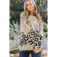 Khaki Leopard Patchwork Knitted Puff Sleeve Sweater - L thumbnail