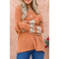 Apricot Leopard Splicing Exposed Seam Waffle Knit Top - M thumbnail