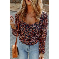 Azura Exchange V Neck Bubble Sleeve Floral Blouse - S thumbnail