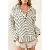 Azura Exchange Striped Thumbhole Drop Shoulder V Neck Top - L thumbnail