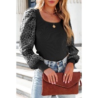 Black Flower Puff Sleeve Ribbed Knit Top - S thumbnail