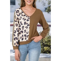 Brown Leopard Splicing Waffle Knit V Neck Top - M thumbnail