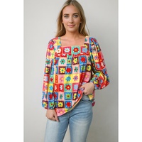Azura Exchange Multicolor Floral Crochet Square Neck Puff Sleeve Blouse - M thumbnail