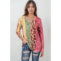 Azura Exchange Floral Leopard Mixed Print V Neck Long Sleeve Tee - M thumbnail