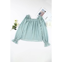 Green Ruffled Square Neck Cuffs Long Sleeve Blouse - L thumbnail