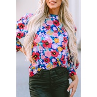 Blue Mock Neck Bubble Sleeve Floral Print Blouse - L thumbnail