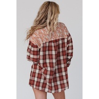 Red Floral Plaid Mixed Print Bishop Sleeve Patchwork Top - M thumbnail