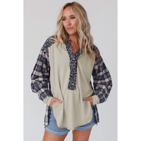 Blue Floral Plaid Mixed Print Bishop Sleeve Patchwork Top - S thumbnail