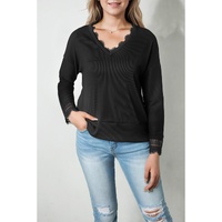 Azura Exchange Ribbed Texture Lace Trim V Neck Long Sleeve Top - L thumbnail