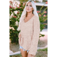 Pink Waffled Knit Long Sleeve V-Neck Frayed Top - L thumbnail