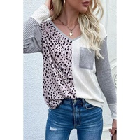 Leopard Patchwork Ribbed Color Block V Neck Top - XL thumbnail