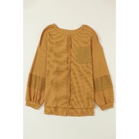 Exposed Seam Patchwork Bubble Sleeve Waffle Knit Top - L thumbnail