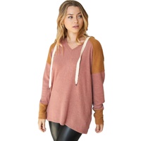 Brown Waffle Knit Patchwork Drawstring V Neck Hoodie - L thumbnail