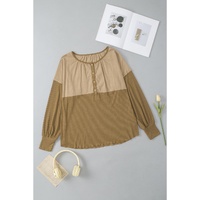 Khaki Ribbed Patchwork Drop Shoulder Buttoned Neckline Blouse - XL thumbnail