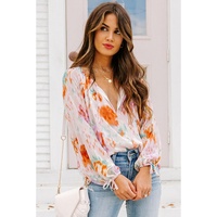 Azura Exchange Abstract Print Split Neck Puff Sleeve Blouse - L thumbnail