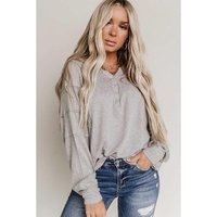 Gray Waffle Patchwork Dolman Sleeve Henley Top - L thumbnail