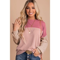 Pink Color Block Long Sleeve Ribbed Loose Top - M thumbnail