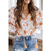 White Tassel Tie V Neck Bubble Sleeve Floral Blouse - M thumbnail