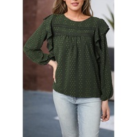 Blackish Green Lace Eyelet Ruffle Shoulder Long Sleeve Blouse - L thumbnail