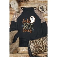 Black Leopard Boo Ghost Graphic Sequin Raglan Sleeve Top - S thumbnail