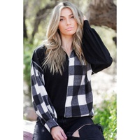 Black Checkboard Patchwork Exposed Stitching Collared Top - L thumbnail