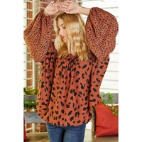 Brown Contrast Leopard Print Bubble Sleeve Blouse - L thumbnail