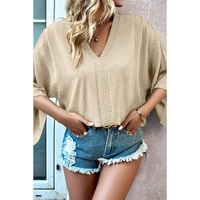 Parchment Solid V Neck Wide Sleeve Crinkled Blouse - L thumbnail