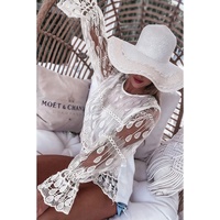 Beige Embroidered Mesh Flounce Sleeve Blouse - M thumbnail